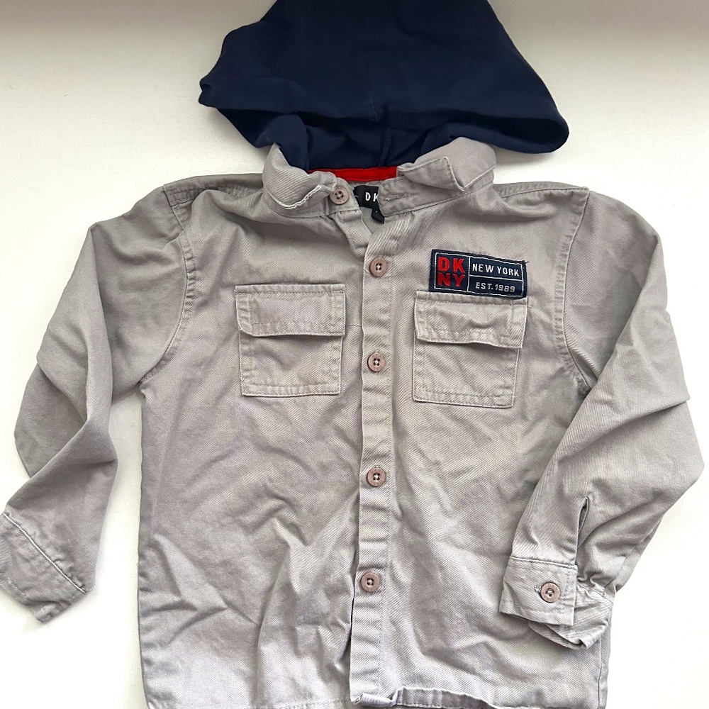 Kids DKNY Shirt With Attached Hoodie Button Down Long-Sleeve